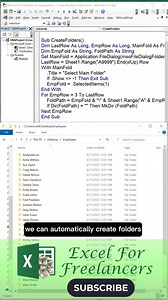 1.7K views | Ever needed to create dozens of folders in seconds using Excel?  Learn how a simple VBA macro can automate it all—perfect for managing team data or projects efficiently. A small step with big productivity wins.  Like learning Excel the smart way? Get free weekly templates and tutorials straight to your inbox. Sign up here: https://www.excelforfreelancers.com/op/be-part-of-our-excel-community #ExcelTips #VBA #Automation #LearnExcel | Excel For Freelancers | Facebook