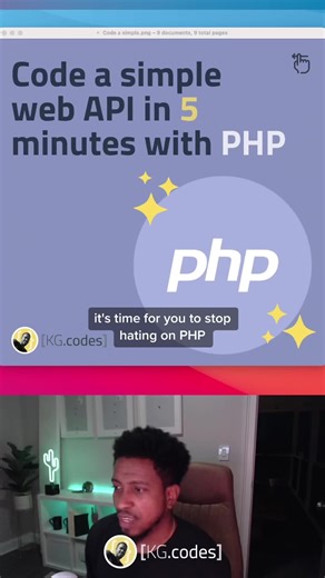 How to code a simple web API in 5 minutes with PHP 👨🏾‍💻⏱ It often gets a bad rap, but PHP is a fast, flexible, and powerful server-side scripting language. One of my favorite ways to use it is to quickly code web API endpoints. 1 — Set headers for the response (e.g. the content type to return JSON) 2 — Use the built-in $_GET object to retrieve a query string parameter of the request 3 — Set up a custom response object 4 — Do some work; like retrieve a record from a MySQL database 5 — Encode t