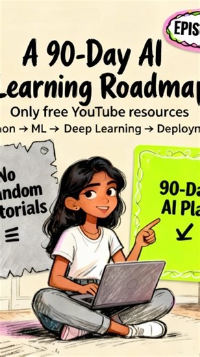 Ruchi | Learn AI Simply on Instagram: "EPISODE 4 - Ai Roadmap (90Days ) A 90-day AI learning roadmap. Only free YouTube resources. Python → ML → Deep Learning → Deployment. No confusion. No paid courses. Just a clear path and resume-ready projects. CTA: Download the free PDF from the link. Save this episode for later and share it with a friend starting AI. #trendingreels #AIReels #typography #contentcreators #viral"