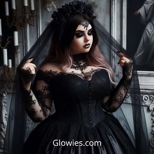 This black gothic wedding dress is made for the curvy goddess bride who owns every inch of her beauty. With long lace sleeves, a flowing black veil, and details that scream dark romance, it's a love letter to all of us who aren’t wafer-thin. It hugs every curve with power and elegance, turning heads and breaking molds. For the bold, the beautiful, and the unapologetically goth. 🖤🕯️💍🖤 | Gothic Darling