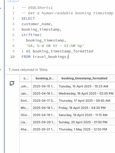 SQL Date Format Function: strftime #SQL #Programming #Coding #DataAnalysis #DataEngineering #DataScience #BusinessIntelligence #BusinessAnalysis #DataArchitecture #DataModeling #DataModelling #DataAnalyst #DataEngineer #DataScientist #Developer #BusinessAnalyst #DuckDB #PostgreSQL #MySQL #Snowflake #Redshift #BigQuery #Interview #SQLInterviewQuestions #InterviewQuestions