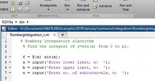Romberg integration algorithm using MATLAB