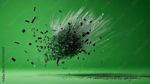 Metallic sphere is exploding and breaking into pieces, creating a captivating display of motion and energy against a vibrant green screen