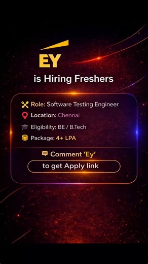 Sdo Openings on Instagram: "Ey is hiring #Freshers for #Software Testing Engineer. Location: #Chennai Eligibility: - BE - B. Tech / (IT/ Computer Science/ Circuit branches) - Should have secured 60% and above - No active Backlogs - Should have understanding and/or experience of software development best practices and software development life cycle - Understanding of one/more programming languages such as Java/ .Net/ Python, data analytics or databases such as SQL/ Oracle/ Teradata etc. - Intern