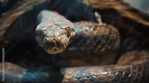 A scaly large reticulated python coiled up in a knot and waits for a victim. A beautiful pattern on the skin shimmers with a rainbow.