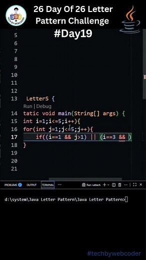 Day 19: How To Print S Alphabet Shape Using Star In java (For Beginner) || 26 Days of Code
