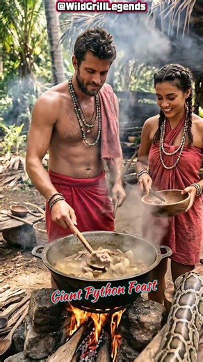 Primitive Python Meat Cooking in Jungle Outdoor Tribal Cooking Over Fire
