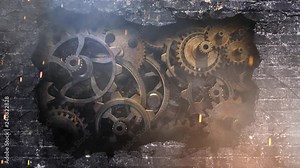 Brick Wall Explosion Gears 4K Loop features a camera zooming in to a brick wall with the wall then exploding out to reveal grungy metallic gears turning behind the wall