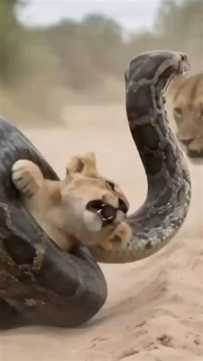 The Silent Coils: A Lion Cub’s Fight for Breath. #YouTubeShorts #LionCub #Python #WildlifeShorts