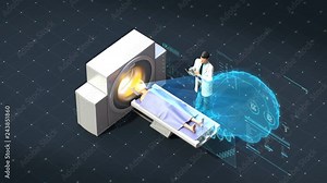 MRI scanner vector illustration of doctor and patients on medical MRI scanning examination with hologram brain. future medical technology, 4k animation.