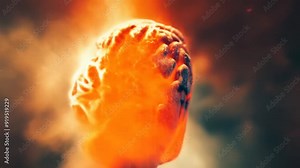 Exploding human brain surrounded by fiery clouds and energy in 3D animation Stock Video