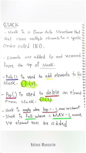 STACK in Data Structure Explained with Highlighted Handnote. #cse #datastructure #dsa