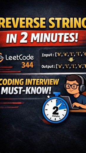 NexTech12 on Instagram: "Reverse String in 2 Minutes | LeetCode 344 | Coding Interview Must-Know In this video, we solve LeetCode 344 – Reverse String, a classic coding interview question. You’ll learn: ✅ How to reverse a string in-place ✅ The two-pointer technique ✅ Why this approach is optimal (O(n) time, O(1) space) ✅ Common interview mistakes to avoid Perfect for DSA preparation, coding interviews, and beginners 🚀 Follow for more short, visual LeetCode explanations. #CodingInterviewQuestion