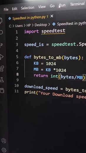 Check your internet speed using python programming ❤️#python #internet #code #programming #coding #codewithkapil #computerscience
