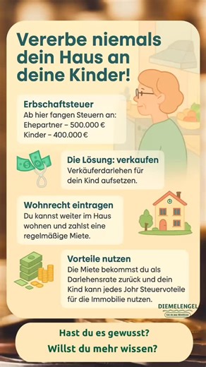 💡 Viele meinen, das Haus einfach an die Kinder zu vererben sei der beste Weg – doch oft ist genau das ein teurer Fehler! Erbschaftsteuer, falsche Gestaltung oder fehlende Verträge können schnell zu hohen Kosten und familiären Konflikten führen. 👉 Eine clevere Lösung kann der Verkauf mit Wohnrecht und Verkäuferdarlehen sein – rechtssicher, steueroptimiert und fair für beide Seiten. 🔐 Tipp: Wer frühzeitig plant und wichtige Dokumente im Notfallordner festhält, schützt sein Vermögen und seine Fa