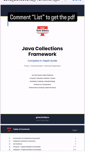 Java | Python | SQL | DSA | FullStack | on Instagram: "💬 Comment “List” to get the PDF Java Collections Framework feels hard… until you understand it properly. I created an interview-ready complete guide that breaks down List, Set, Map, Queue, internals, and performance in a simple and visual way. 📘 Perfect for Java interviews & revisions 📌 Follow @techtribers for daily Java content 🌐 www.techtriber.com #java #javadeveloper #javainterviewquestions #javacollections #programming #softwaredevel