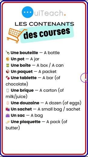 👇🍎 Food Containers & Packaging in French 🇫🇷 Learn the most common food containers and packaging in French, perfect for shopping, cooking, and everyday conversations! 📦🛒🥖#LearnFrench #FrenchVocabulary #FoodPackaging