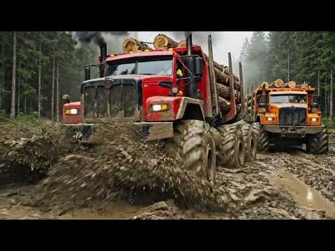 Extreme Logging: Monster Trucks Conquer Deep MUD in the Forest | Off-Road Trucking Power