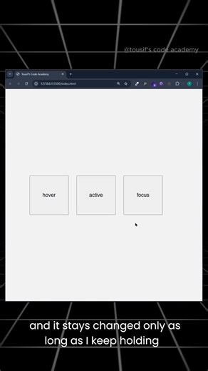 CSS Pseudo-Classes Explained: Hover, Active & Focus in 1 Minute! Learn how CSS pseudo-classes like hover, active, and focus work in just 1 minute! See how buttons react when you hover, click, or focus on them. Perfect for beginners and front-end developers who want to make their websites more interactive and user-friendly. Watch till the end to understand the behavior of each pseudo-class clearly. #codewithtoushif #CSS #WebDevelopment #Frontend #Hover #Active #Focus #PseudoClasses #CodingTips #C