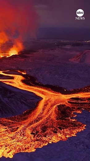 Mesmerizing drone footage captured the fiery landscape at dawn after a volcano began erupting in southwestern Iceland for the third time in two months. #news #iceland #volcano #drone #eruption