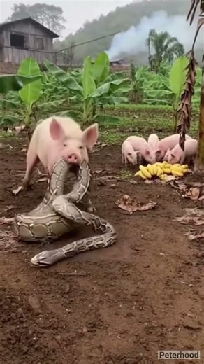 A mother pig bites a python to protect her piglets that are eating bananas