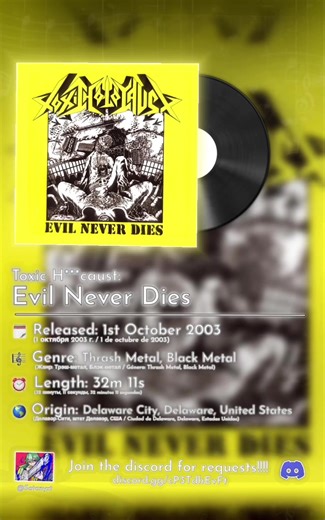 [TOXIC H***CAUST: EVIL NEVER DIES] Sounds similar to teutonic thrash, but not from Germany. I think honestly this album will grow on me in time.. at times the riffs felt like they were getting a bit repetitive (like on Enemy of Jesus and Summon the Beast) but generally they were enjoyable. Drum parts are very enjoyable in this; Atomik Destructor is a great example of this, besides the intro to Exxecutioner. I would call it legendary or one of the best as it feels like it drags on a tiny bit, but