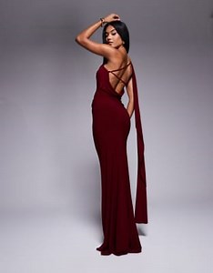 ASOS DESIGN Premium one shoulder drape detail maxi dress with train in burgundy  | ASOS