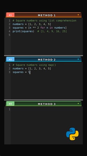 Square Numbers via 3 Methods #Python