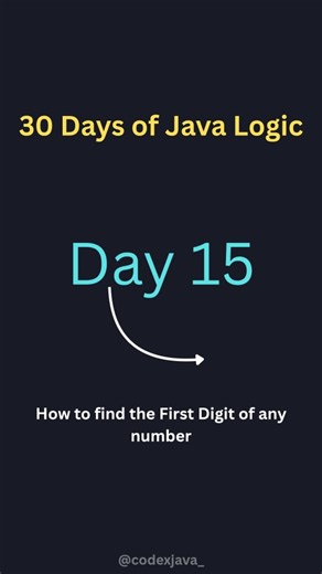 Code X Java on Instagram: "How to find the FIRST DIGIT of any number in Java! 💻🚀 Struggling with basic logic problems? Here is a simple and efficient way to extract the first digit of a number using a while loop. This is a classic "Easy" level problem often asked in technical interviews and coding rounds! We keep dividing the number by 10 until it becomes less than 10. Once the loop stops, the remaining value is your first digit! What you’ll learn: ✅ Integer Division in Java ✅ While Loop Imple