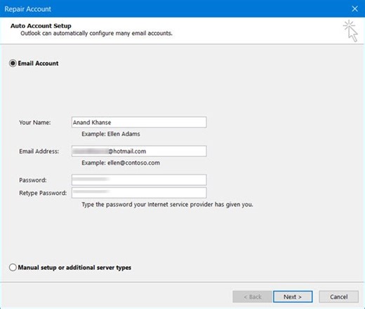 Email in Outlook not syncing in Windows; Repair Outlook account