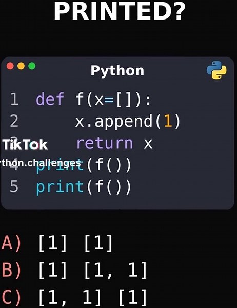 Can you solve this Python challenge? Test your Python skills and logical thinking with this short quiz. Leave your answer in the comments and check if you got it right. Subscribe for regular Python coding questions and improve your problem-solving abilities. These challenges are great for daily practice, coding interviews, and learning by doing. Run the quiz in your computer! . . . #PythonChallenge #LearnPython #PythonQuiz #CodingChallenge #PythonForBeginners #CodeNewbie #ProgrammingTips #CodePr