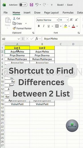 How to Find Differences between 2 List in Excel | Compare Columns in Excel | Excel Shortcuts