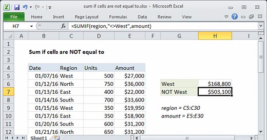 Sum if cells are not equal to