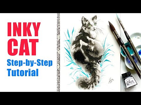 INK CAT STEP BY STEP 🐱 Easy and Fun Watercolor India Ink Painting Tutorial for Beginners