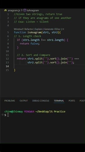 Check Anagram in JavaScript | #javascript #shorts #coding #programming #anagram #strings
