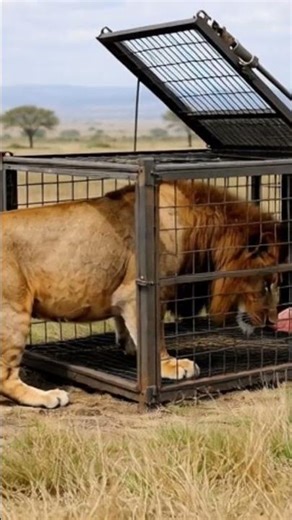 A male lion is cautiously stepping into a rectangular metal cage placed on the open savanna, drawn