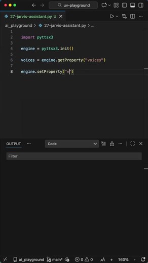 Your Personal Jarvis - Python for Beginners #programming #python #coding Learn to build your own AI Voice Assistant in just 20 lines of code! This Python script converts text to speech using your computer's native engine, allowing you to customize voice speed and ID for that perfect robotic or human sound. Perfect for beginners. Like if your code starts talking! 🚀 | Laskenta Technologies Limited