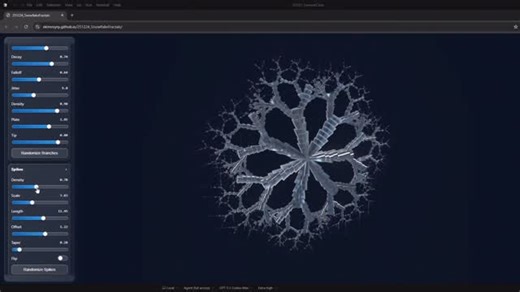 DesignMorphine on Instagram: "❄️ Happy Holidays! - Go make (and break) your own custom snowflake! - Try it out here: https://ekimroyrp.github.io/251224_SnowflakeFractals/ - Vibecoded custom Snowflake Fractals web app, prompted with @openai Codex by @ekimroyrp - Using techniques taught in the “Vibecode Parametrics V1.0” webinar on YouTube now: https://youtu.be/v2G1j0wgiXA - #parametricdesign #vibecoding #ai #openai #grasshopper3d"