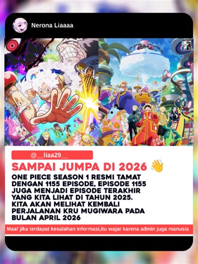 Anime One piece season 1 di tutup dengan arc Egghead, season 2 Anime One piece akan dimulai pada bulan April 2026,yang dimana sekarang Anime One Piece akan mendapat 26 episode di setiap season, Season 2 dari anime One Piece ini akan menceritakan perjalanan luffy dan teman temanya pergi ke pulau raksasa, Elbaph. banyak puzle puzle yang sebelumnya masih misteri, akan di ungkapkan di arc ini, Wujud pangeran Loki, Masa lalu Loki, Kematian Raja Harald, munculnya Roks d. Xebec, insiden God valley, dan