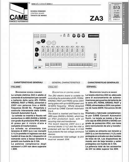 Manual of Came ZA3 Control Board