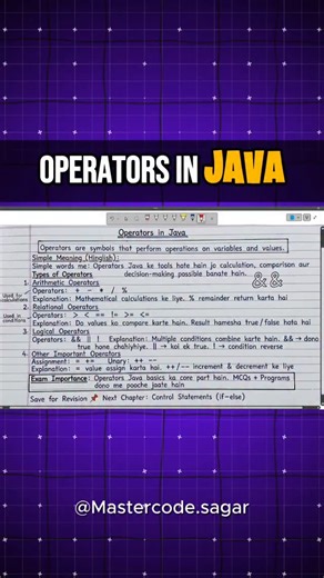 Sagar Rathod on Instagram: "➕➖ Operators in Java – Explained Step by Step In Java, operators are symbols that perform operations on variables and values. Without operators, logic, comparison aur decision-making possible hi nahi hoti 💻 In this reel you learned: ✔ Arithmetic Operators – calculations (+, −, *, /, %) ✔ Relational Operators – comparison (>,
