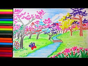 How to Draw Spring Scene And Colorful Blossom Landscape | Scenery Drawing Channel#60
