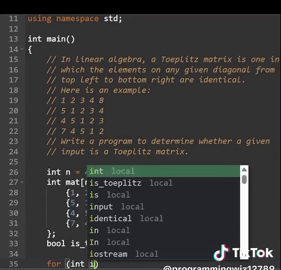 Check if a given matrix is a Toeplitz Matrix. Problem from: Daily Coding Problem (dailycodingproblem.com) FYI, this problem was asked by Google. Algorithms used: Iteration Time Complexity (TC): O(nm) Space Complexity (SC): O(1) If you have any questions, don't hesitate and feel free to ask. In case you want me to make a video about a certain topic, feel free to tell me in the comments. #coding #dsa #programming #codingchallenge #dailycoding