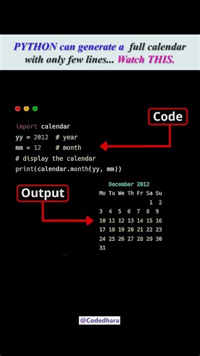 Python can generate a full calendar with a few lines. Watch this. #shorts #python #youtubeshorts